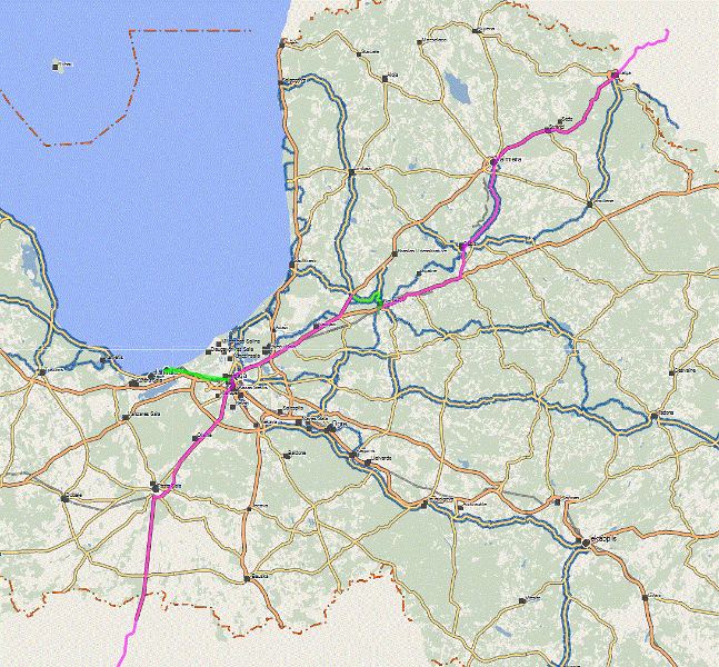 Lettland.GIF - Lettland. Veloroute (grün) Busroute (pink)